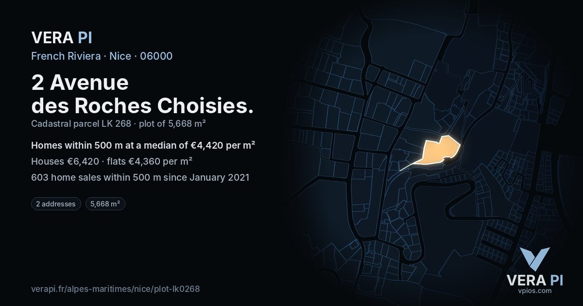 2 Avenue des Roches Choisies, Nice at night – the plot lit, the parcels around coloured by the prices near them