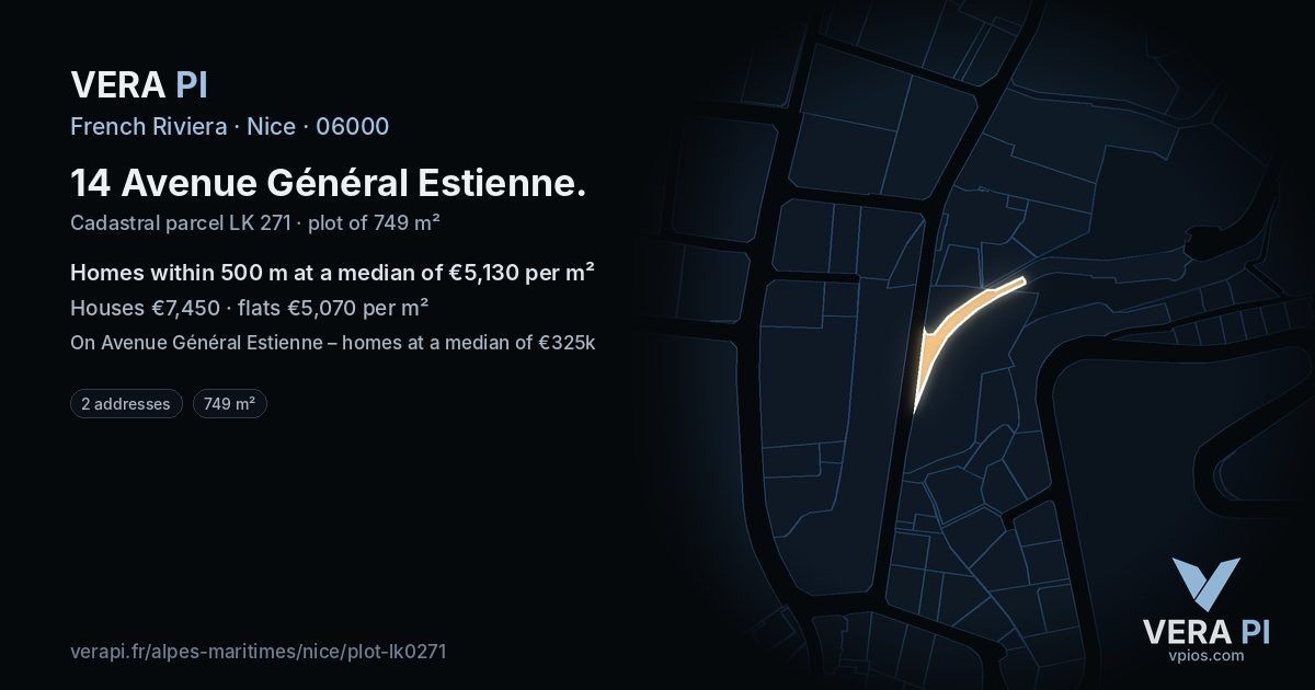 14 Avenue Général Estienne, Nice at night – the plot lit, the parcels around coloured by the prices near them