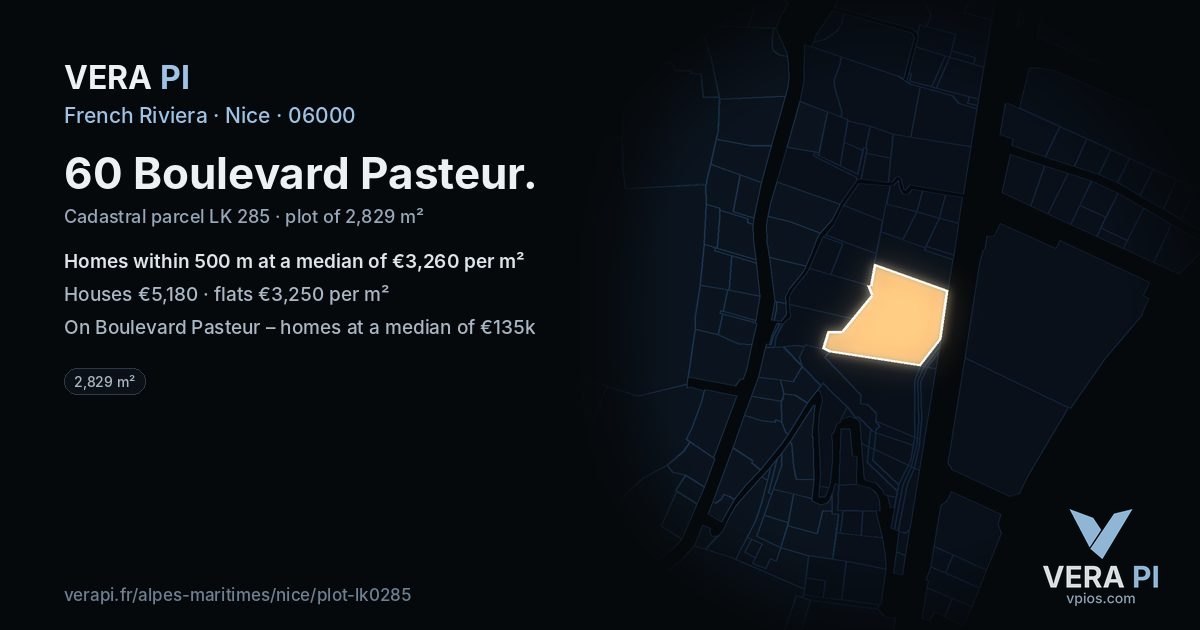 60 Boulevard Pasteur, Nice at night – the plot lit, the parcels around coloured by the prices near them