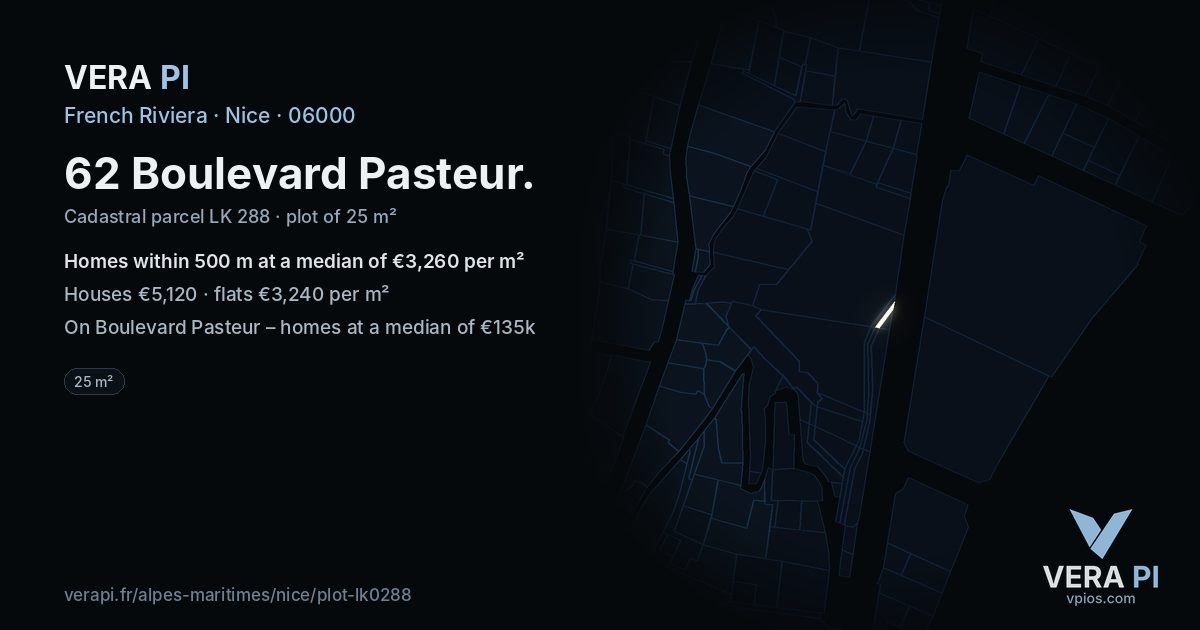 62 Boulevard Pasteur, Nice at night – the plot lit, the parcels around coloured by the prices near them