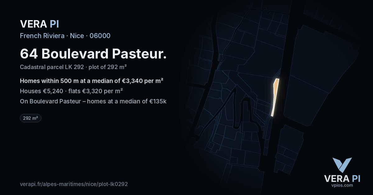 64 Boulevard Pasteur, Nice at night – the plot lit, the parcels around coloured by the prices near them