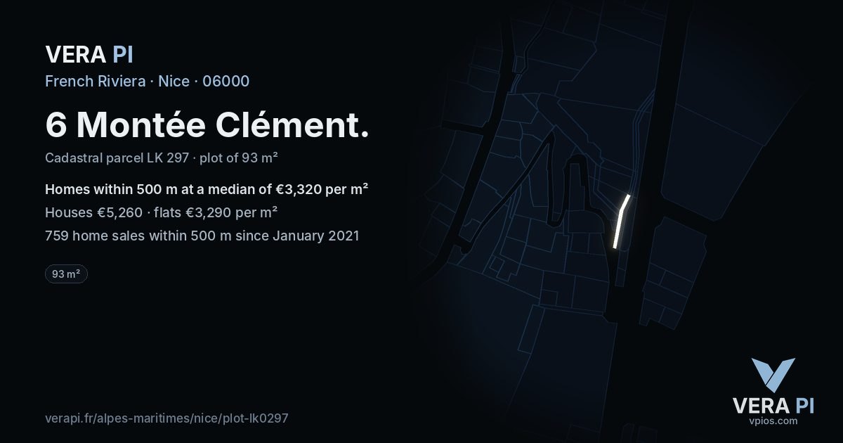 6 Montée Clément, Nice at night – the plot lit, the parcels around coloured by the prices near them