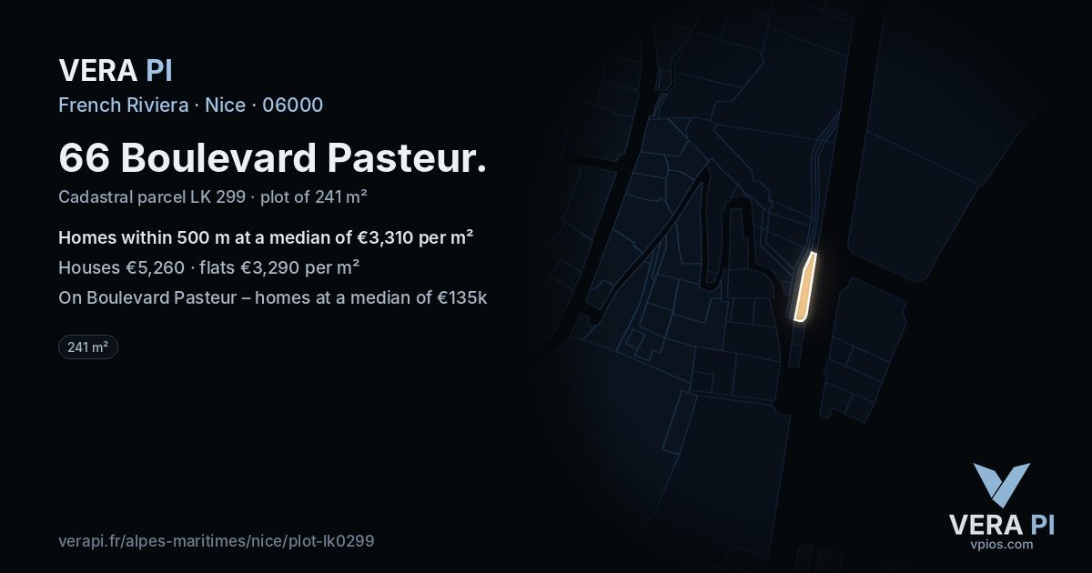 66 Boulevard Pasteur, Nice at night – the plot lit, the parcels around coloured by the prices near them