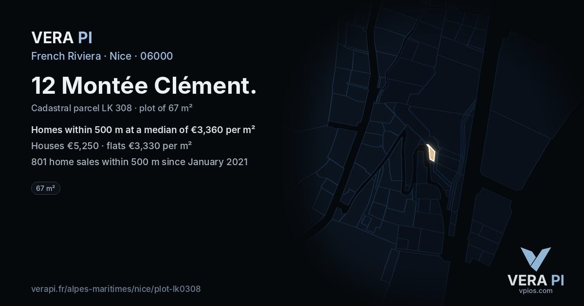 12 Montée Clément, Nice at night – the plot lit, the parcels around coloured by the prices near them