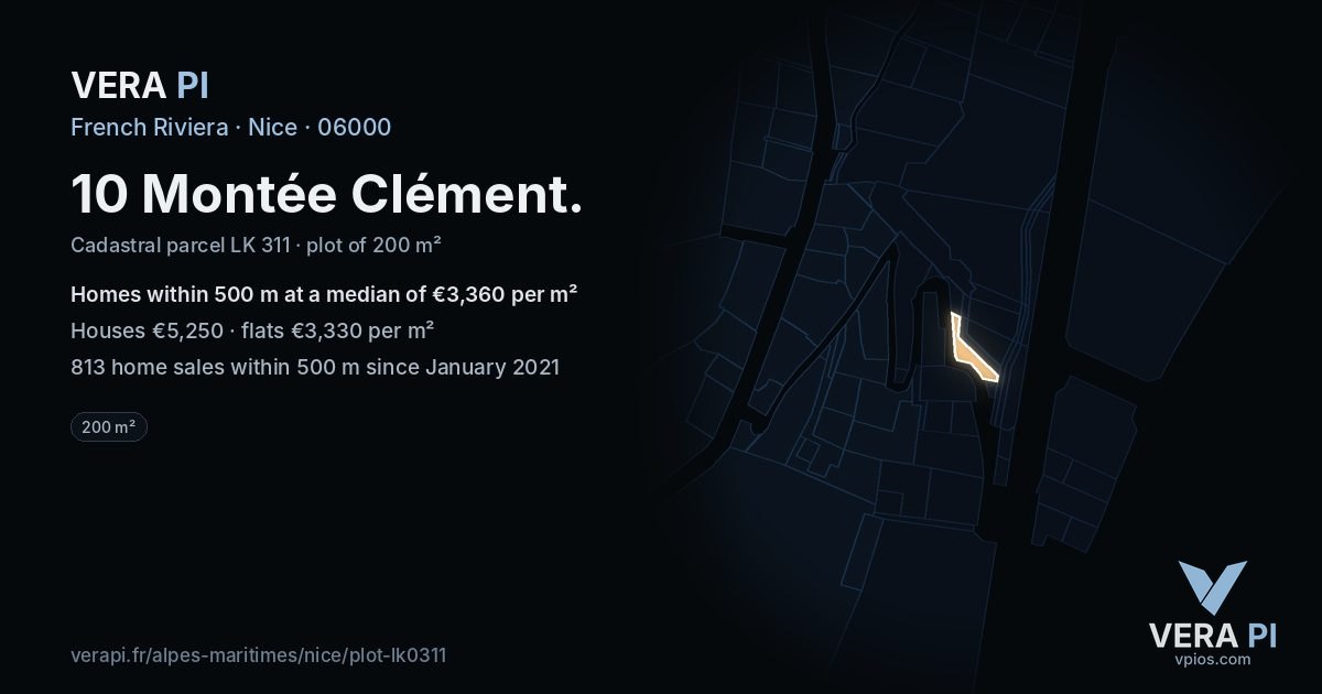 10 Montée Clément, Nice at night – the plot lit, the parcels around coloured by the prices near them