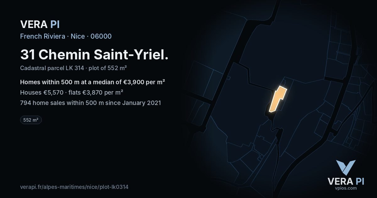 31 Chemin Saint-Yriel, Nice at night – the plot lit, the parcels around coloured by the prices near them