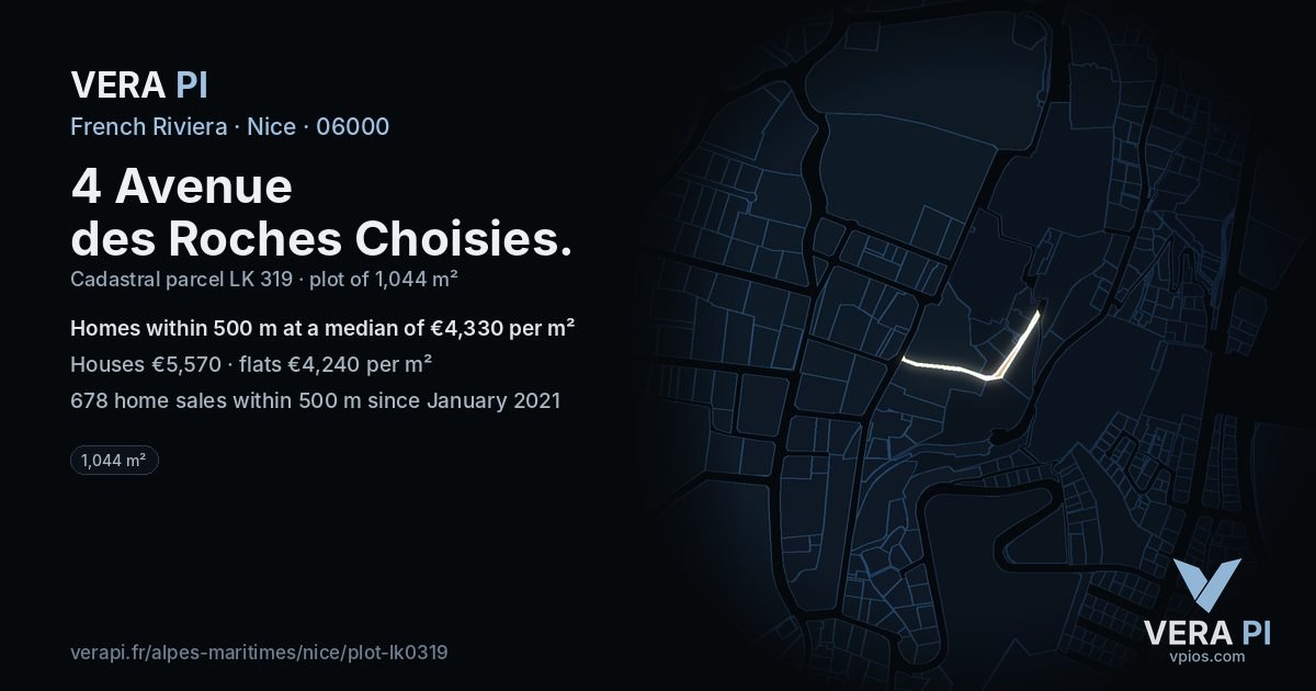 4 Avenue des Roches Choisies, Nice at night – the plot lit, the parcels around coloured by the prices near them
