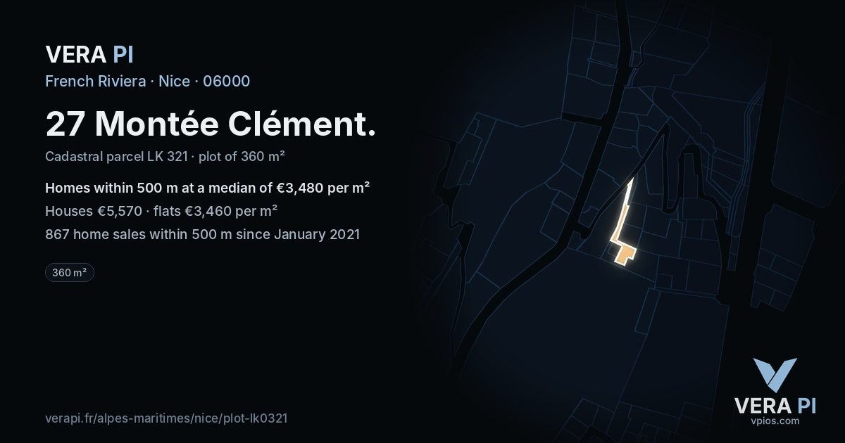 27 Montée Clément, Nice at night – the plot lit, the parcels around coloured by the prices near them