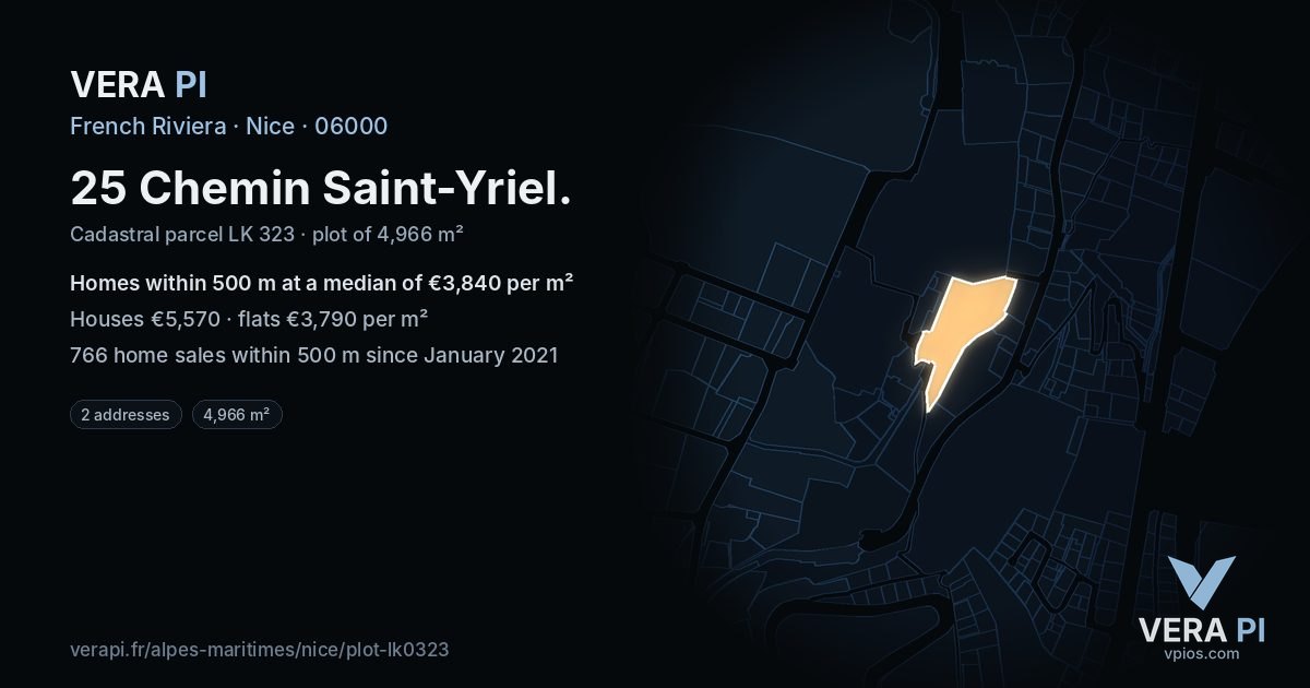 25 Chemin Saint-Yriel, Nice at night – the plot lit, the parcels around coloured by the prices near them