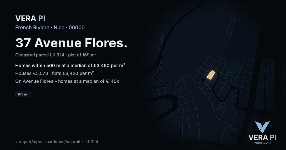 37 Avenue Flores, Nice at night – the plot lit, the parcels around coloured by the prices near them