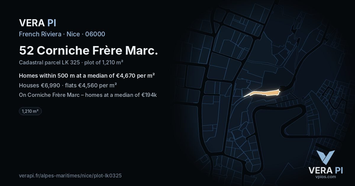 52 Corniche Frère Marc, Nice at night – the plot lit, the parcels around coloured by the prices near them