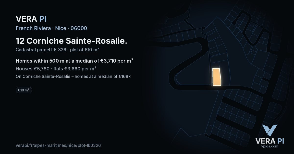 12 Corniche Sainte-Rosalie, Nice at night – the plot lit, the parcels around coloured by the prices near them