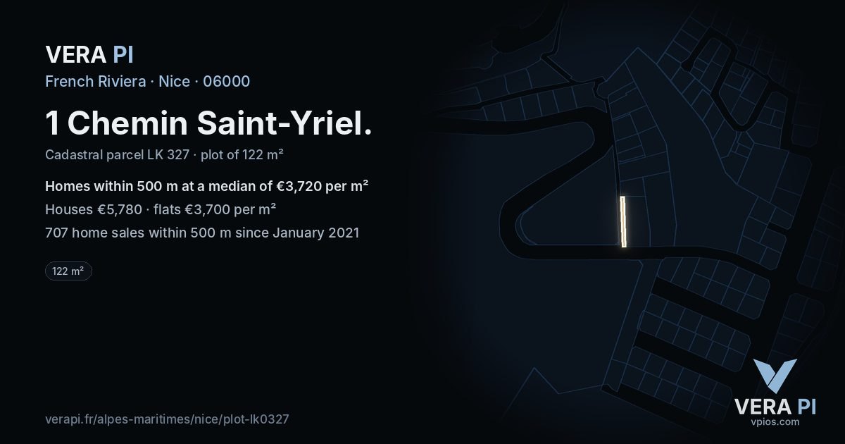 1 Chemin Saint-Yriel, Nice at night – the plot lit, the parcels around coloured by the prices near them