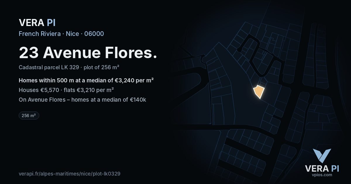 23 Avenue Flores, Nice at night – the plot lit, the parcels around coloured by the prices near them