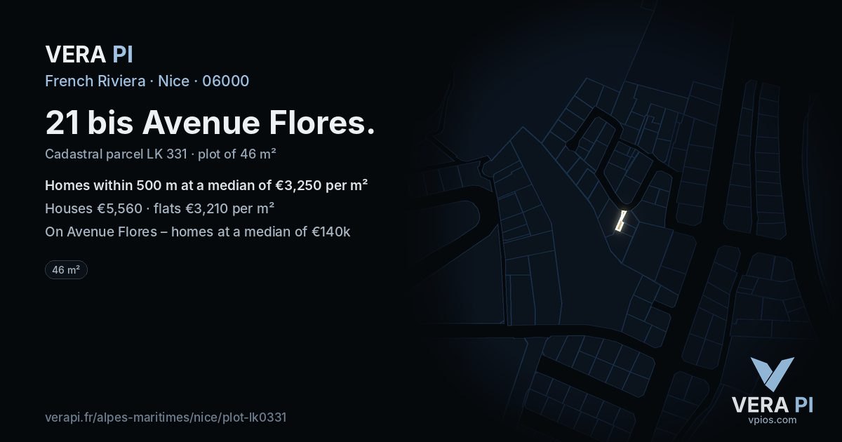 21 bis Avenue Flores, Nice at night – the plot lit, the parcels around coloured by the prices near them