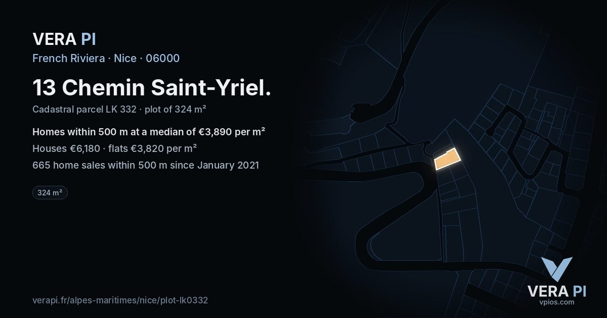 13 Chemin Saint-Yriel, Nice at night – the plot lit, the parcels around coloured by the prices near them