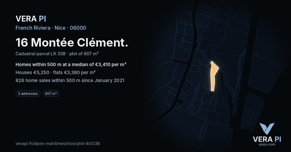 16 Montée Clément, Nice at night – the plot lit, the parcels around coloured by the prices near them