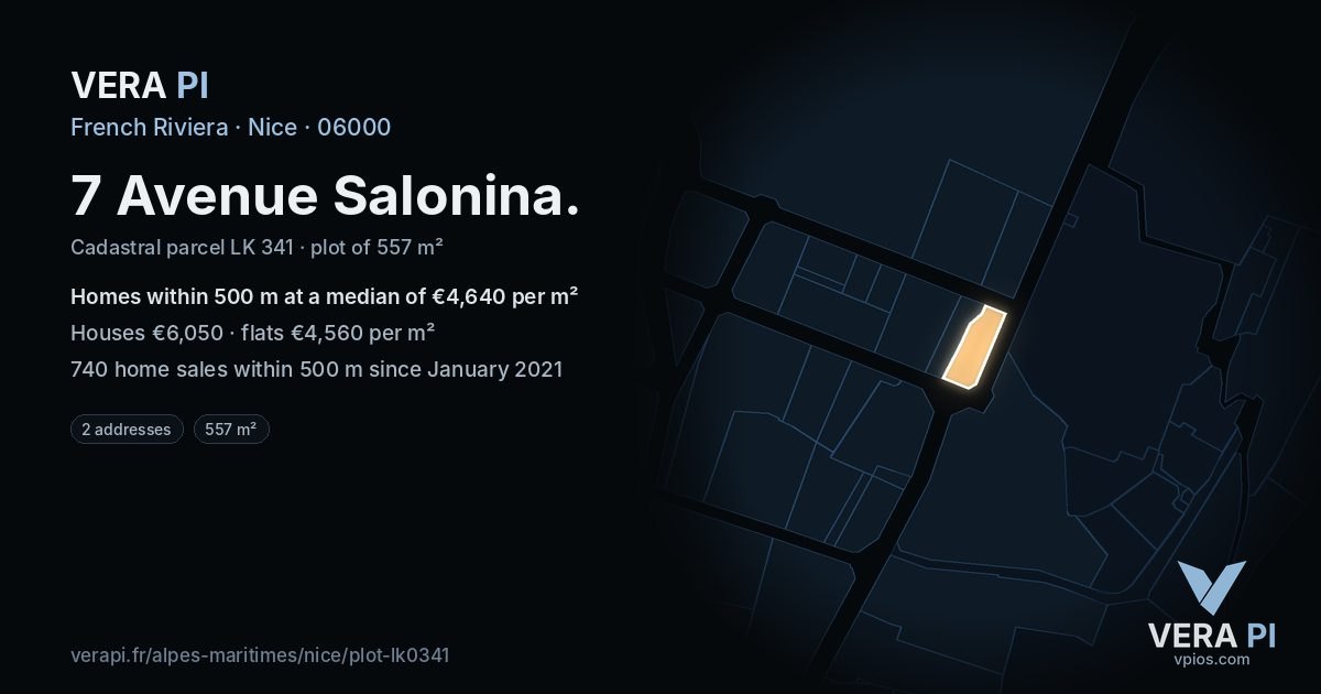 7 Avenue Salonina, Nice at night – the plot lit, the parcels around coloured by the prices near them