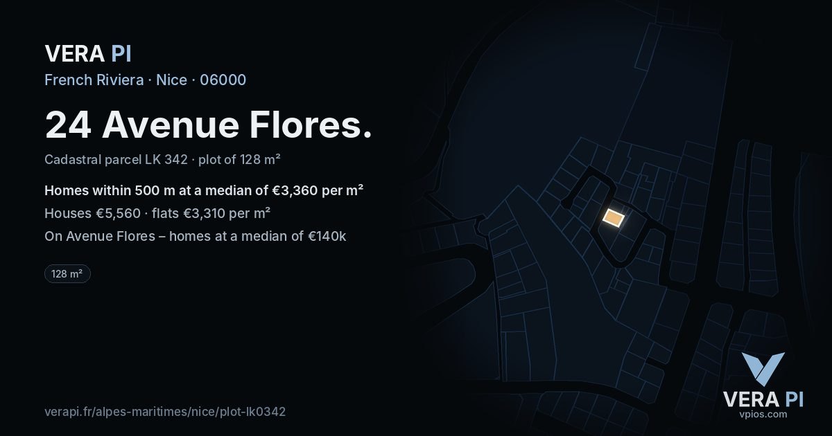 24 Avenue Flores, Nice at night – the plot lit, the parcels around coloured by the prices near them