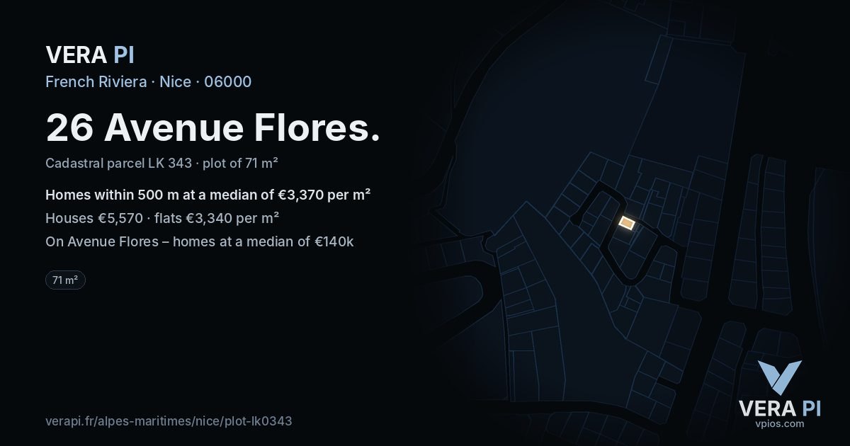 26 Avenue Flores, Nice at night – the plot lit, the parcels around coloured by the prices near them