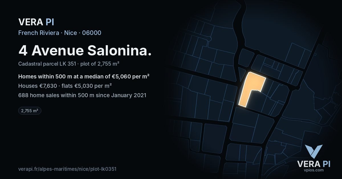 4 Avenue Salonina, Nice at night – the plot lit, the parcels around coloured by the prices near them