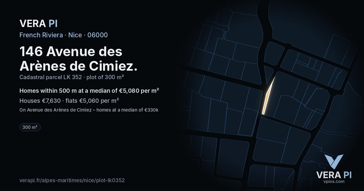 146 Avenue des Arènes de Cimiez, Nice at night – the plot lit, the parcels around coloured by the prices near them