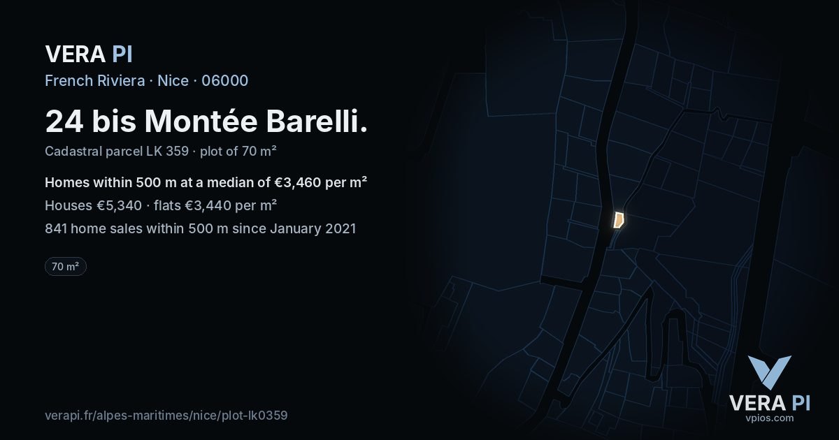 24 bis Montée Barelli, Nice at night – the plot lit, the parcels around coloured by the prices near them