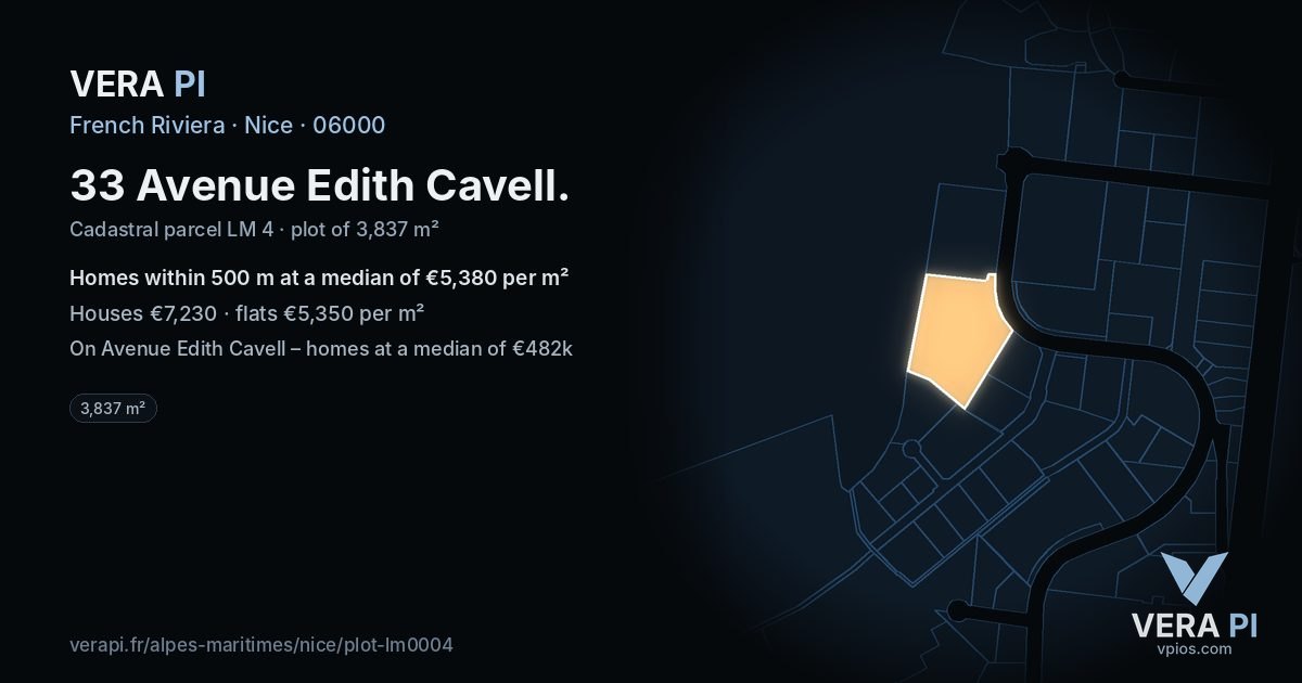 33 Avenue Edith Cavell, Nice at night – the plot lit, the parcels around coloured by the prices near them