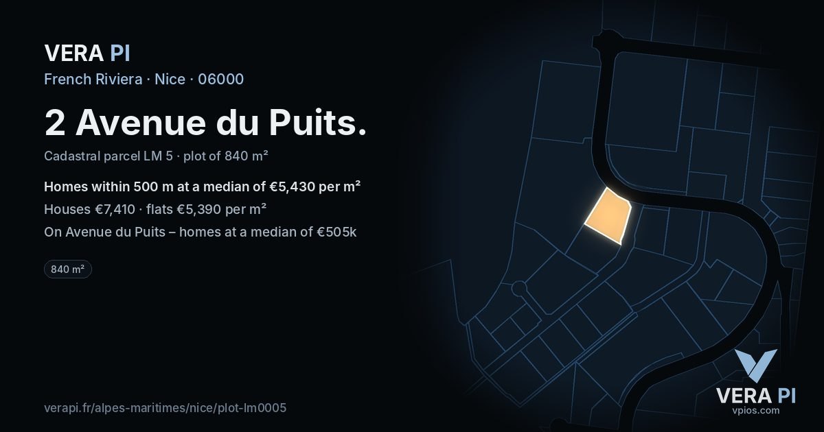 2 Avenue du Puits, Nice at night – the plot lit, the parcels around coloured by the prices near them