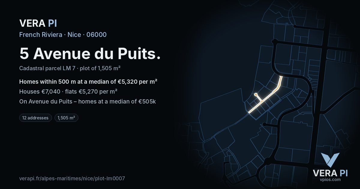 5 Avenue du Puits, Nice at night – the plot lit, the parcels around coloured by the prices near them