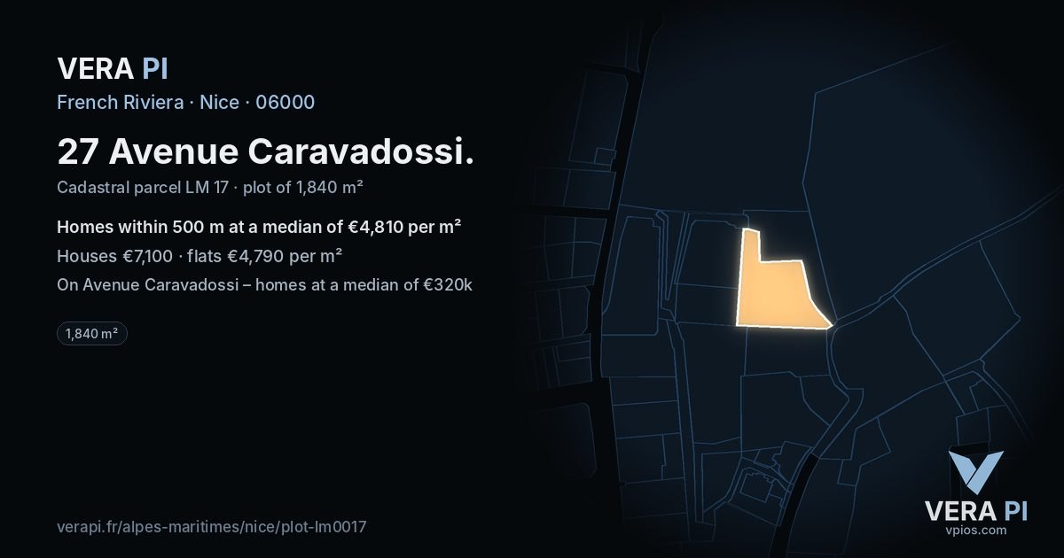 27 Avenue Caravadossi, Nice at night – the plot lit, the parcels around coloured by the prices near them