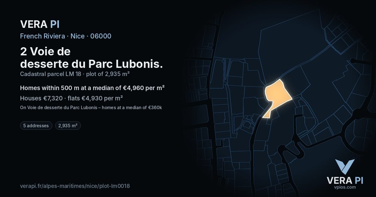 2 Voie de desserte du Parc Lubonis, Nice at night – the plot lit, the parcels around coloured by the prices near them