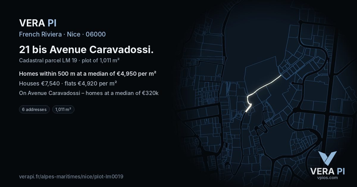 21 bis Avenue Caravadossi, Nice at night – the plot lit, the parcels around coloured by the prices near them