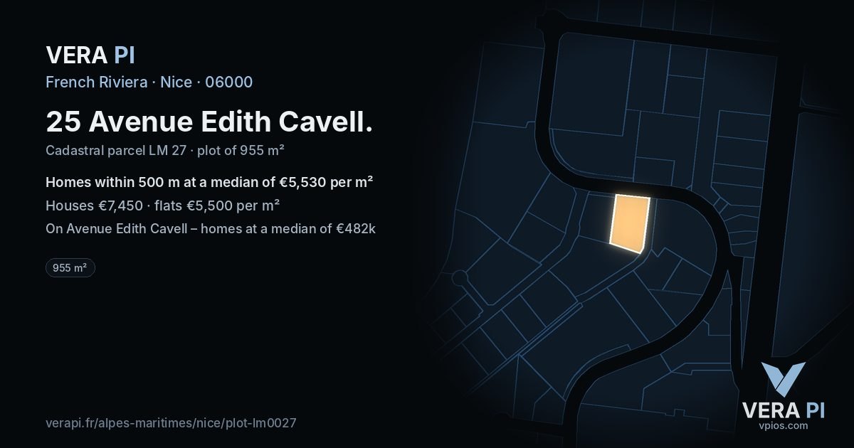 25 Avenue Edith Cavell, Nice at night – the plot lit, the parcels around coloured by the prices near them