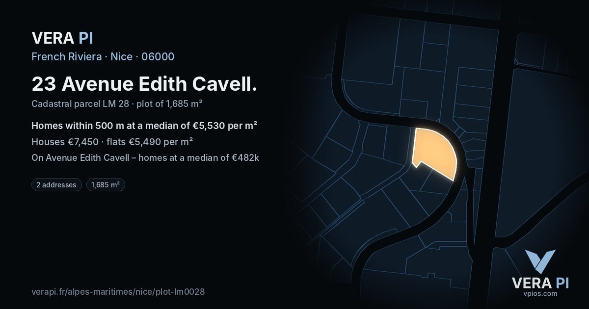 23 Avenue Edith Cavell, Nice at night – the plot lit, the parcels around coloured by the prices near them