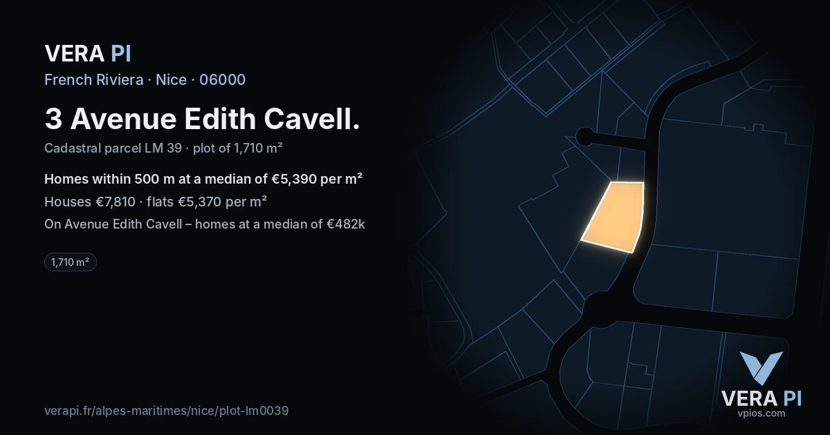 3 Avenue Edith Cavell, Nice at night – the plot lit, the parcels around coloured by the prices near them