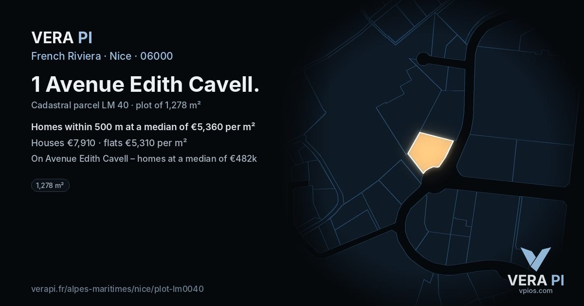 1 Avenue Edith Cavell, Nice at night – the plot lit, the parcels around coloured by the prices near them