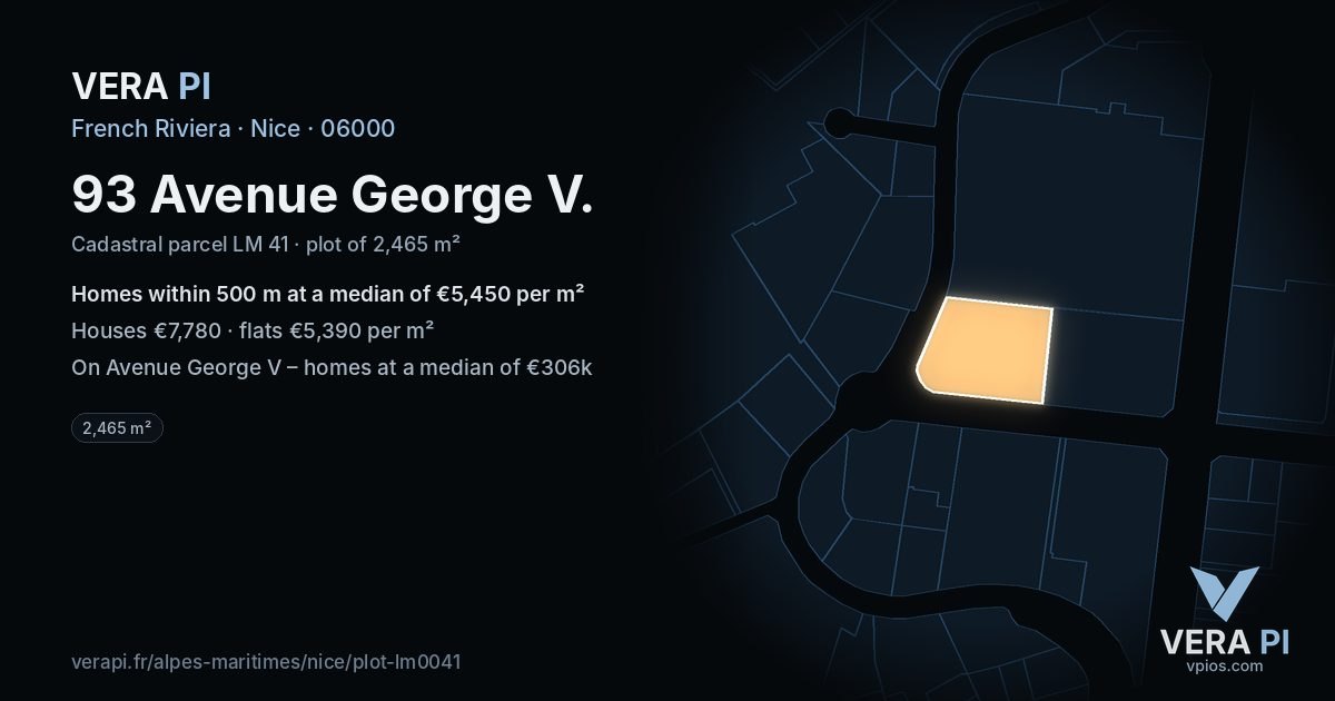 93 Avenue George V, Nice at night – the plot lit, the parcels around coloured by the prices near them