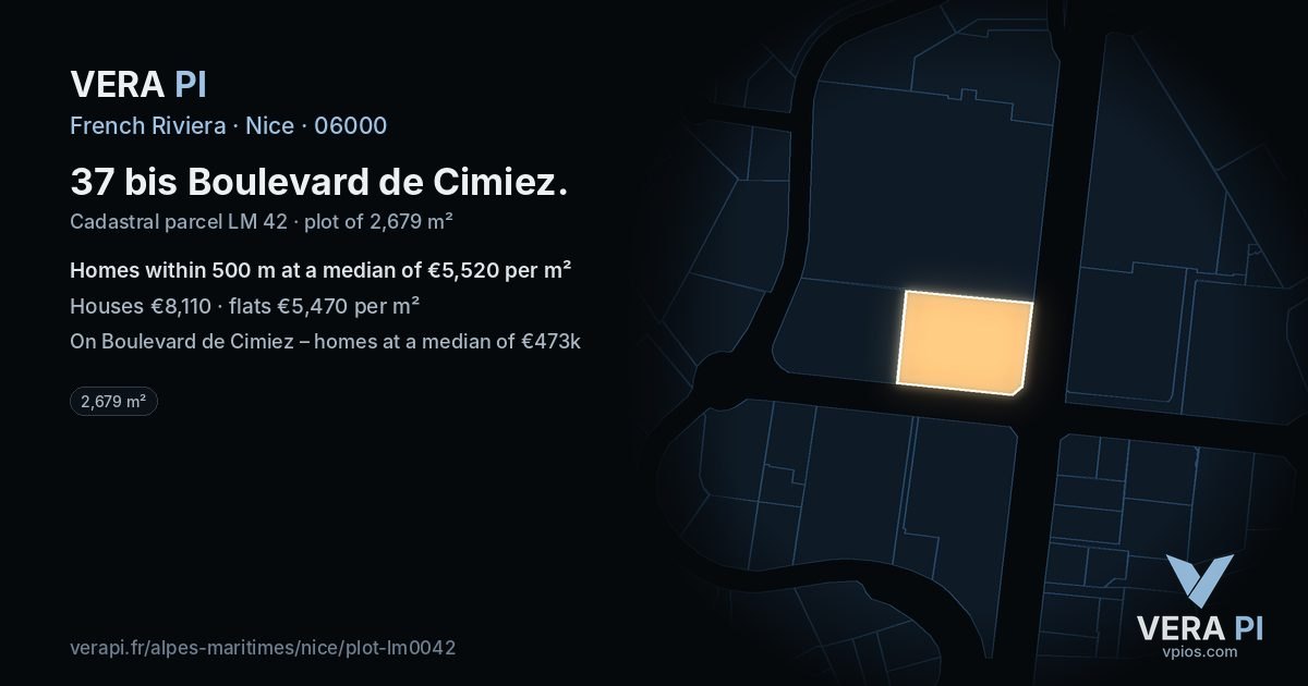 37 bis Boulevard de Cimiez, Nice at night – the plot lit, the parcels around coloured by the prices near them