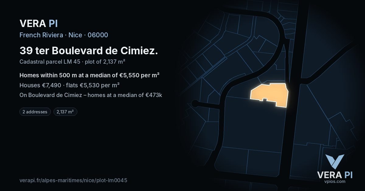 39 ter Boulevard de Cimiez, Nice at night – the plot lit, the parcels around coloured by the prices near them