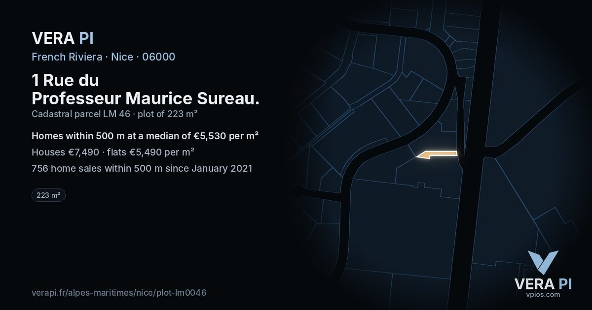 1 Rue du Professeur Maurice Sureau, Nice at night – the plot lit, the parcels around coloured by the prices near them