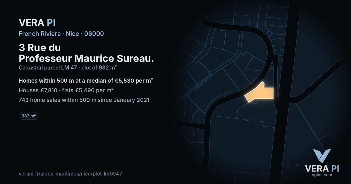 3 Rue du Professeur Maurice Sureau, Nice at night – the plot lit, the parcels around coloured by the prices near them