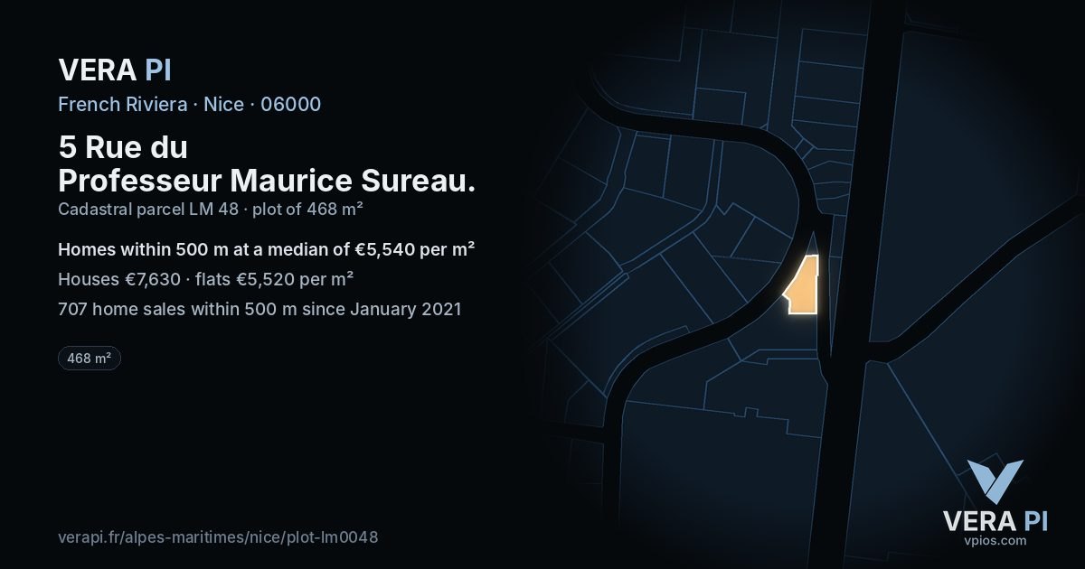 5 Rue du Professeur Maurice Sureau, Nice at night – the plot lit, the parcels around coloured by the prices near them