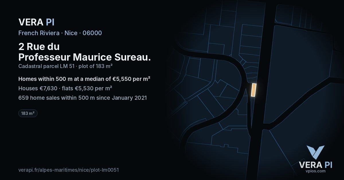 2 Rue du Professeur Maurice Sureau, Nice at night – the plot lit, the parcels around coloured by the prices near them