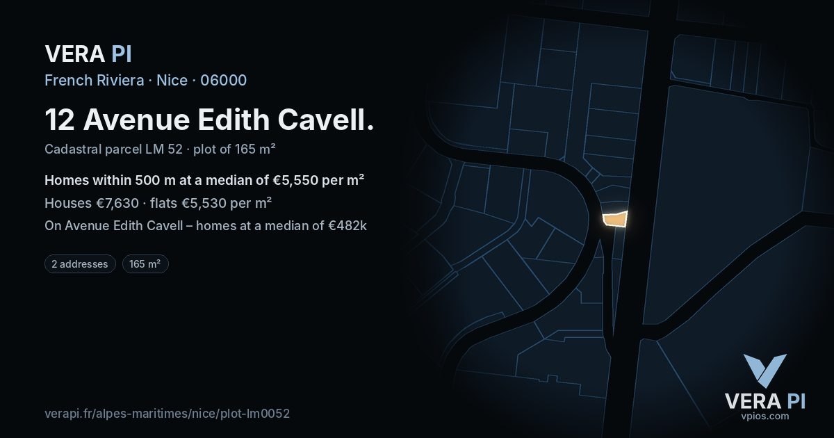 12 Avenue Edith Cavell, Nice at night – the plot lit, the parcels around coloured by the prices near them