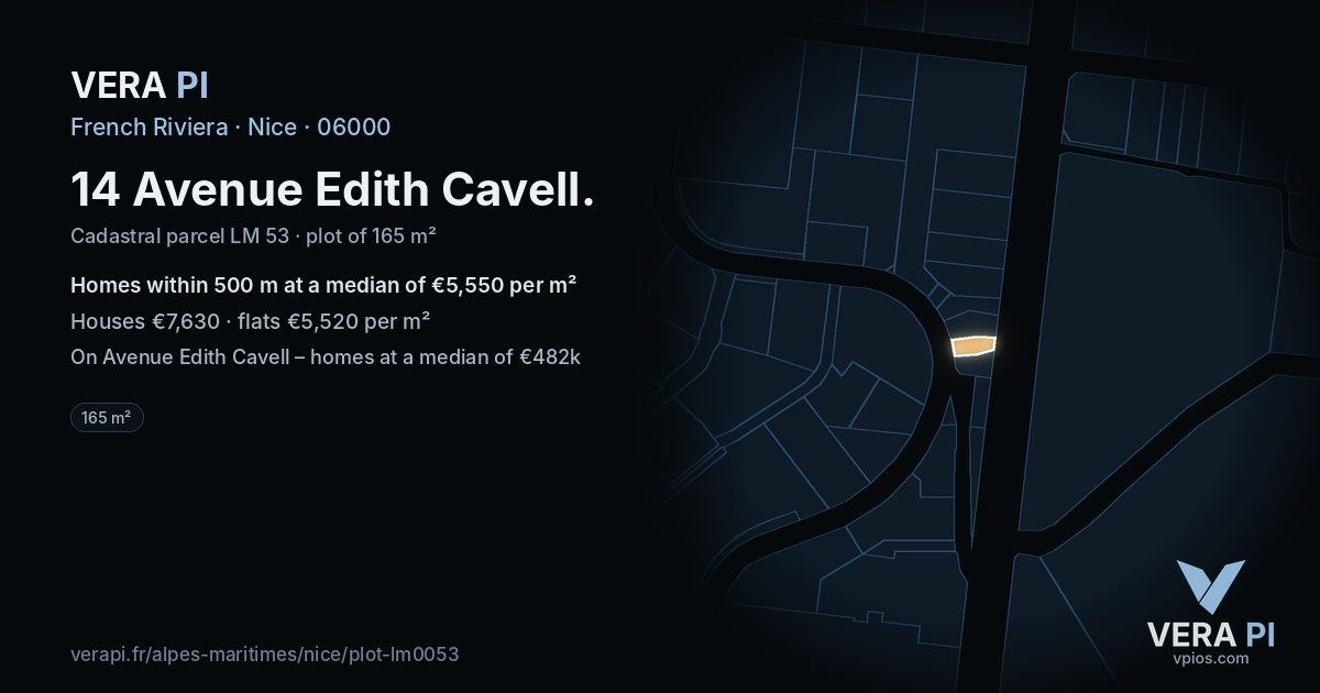 14 Avenue Edith Cavell, Nice at night – the plot lit, the parcels around coloured by the prices near them