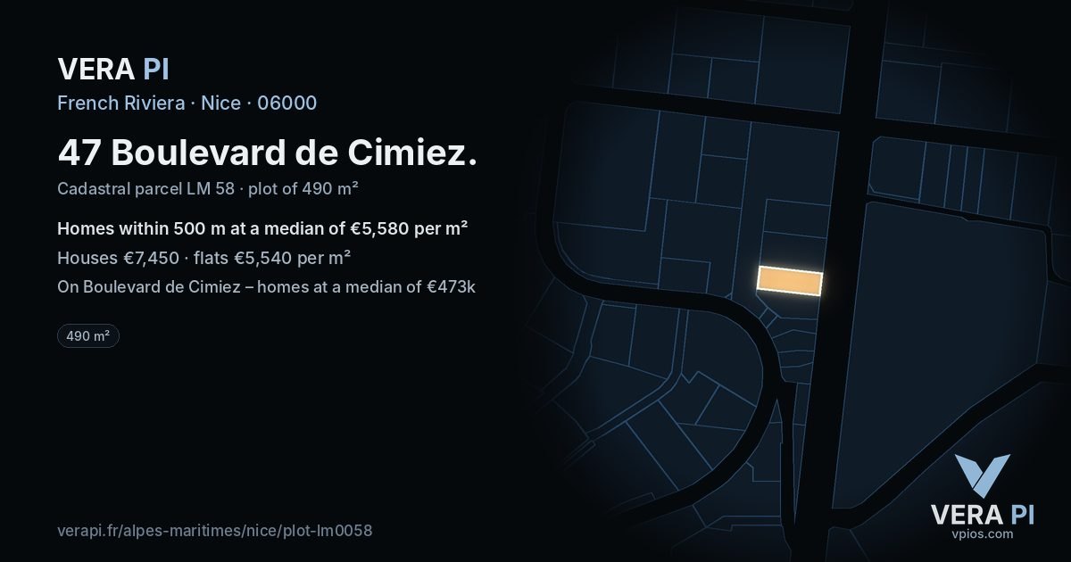 47 Boulevard de Cimiez, Nice at night – the plot lit, the parcels around coloured by the prices near them