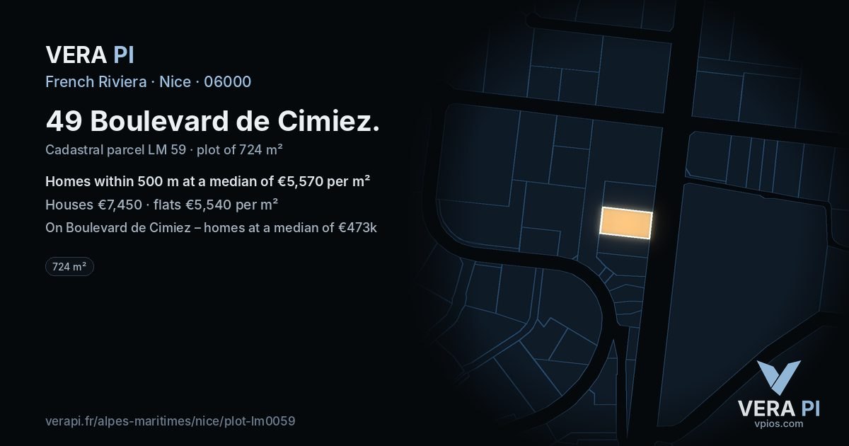 49 Boulevard de Cimiez, Nice at night – the plot lit, the parcels around coloured by the prices near them