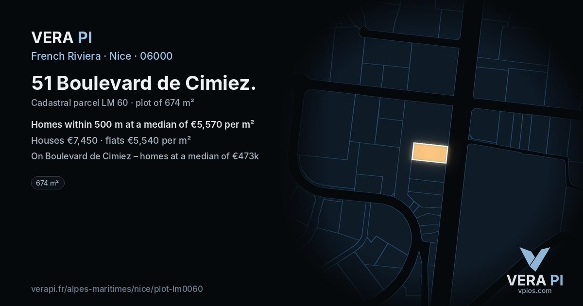 51 Boulevard de Cimiez, Nice at night – the plot lit, the parcels around coloured by the prices near them