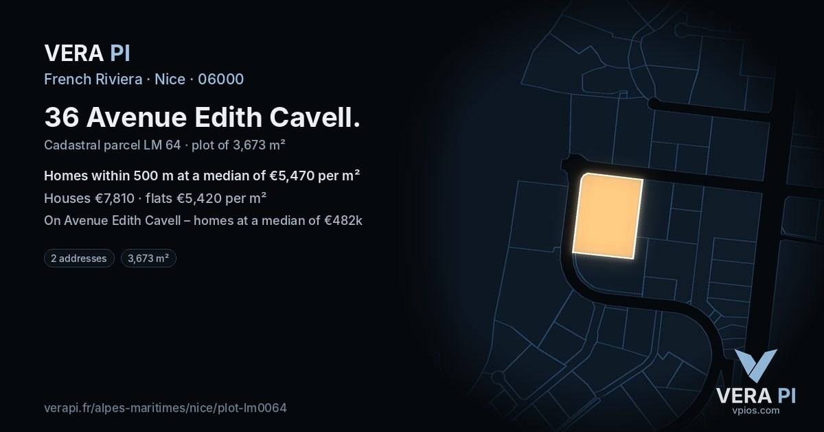 36 Avenue Edith Cavell, Nice at night – the plot lit, the parcels around coloured by the prices near them